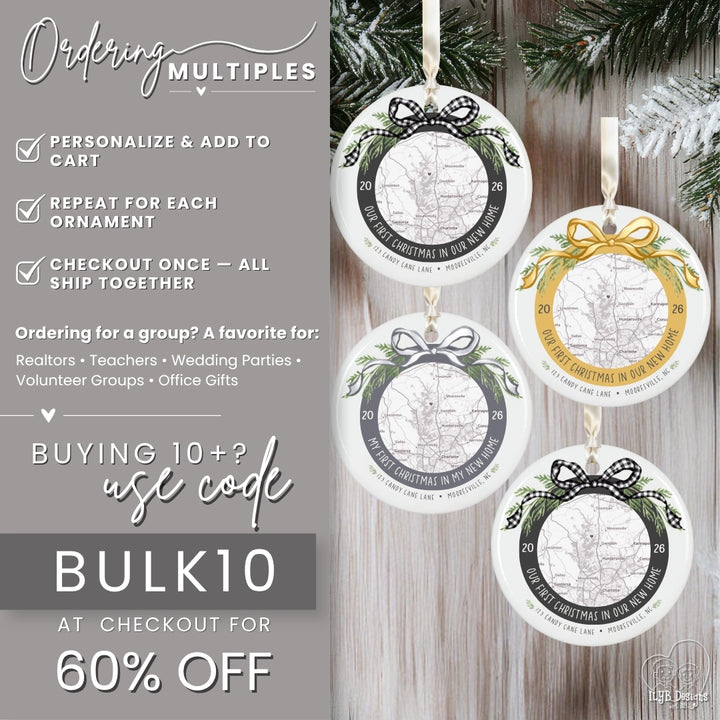 Four personalized round Christmas ornaments with hanging ribbons are displayed on a rustic wood background with pine branches. The left side contains promotional text about ordering multiples, including a bulk10 discount code.