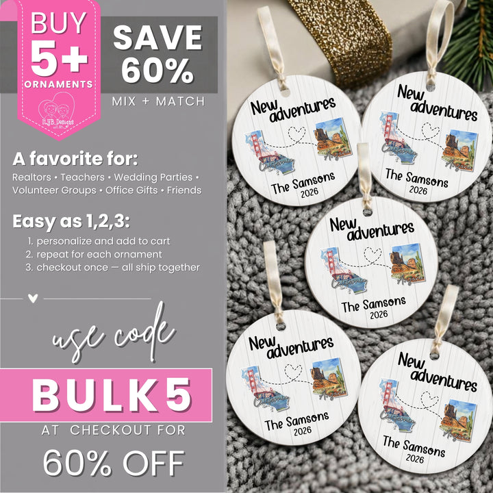 Bulk purchase promotional graphic for personalized round hanging ornaments. The left side contains sale text: &
