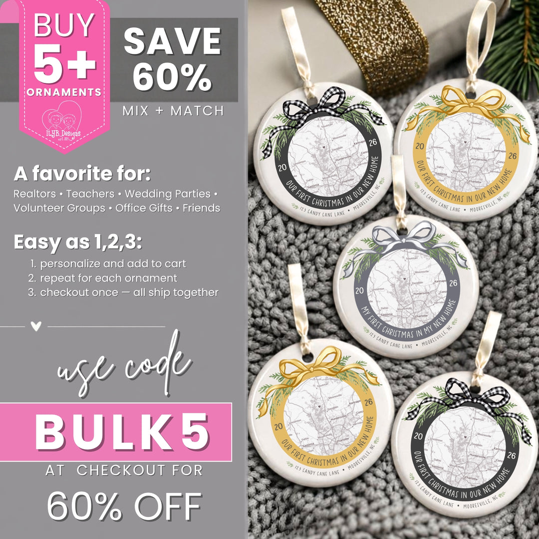 Five round ceramic new home neutral map ornaments with promotional text on left stating &