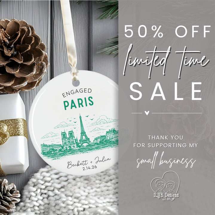 A promotional graphic for a personalized Christmas ornament. The left side shows a round white ornament with a green Paris-themed illustration and the text &