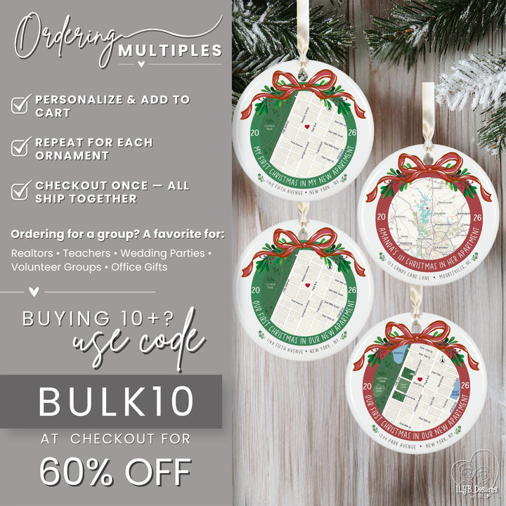 Four round personalized Christmas ornaments displayed on a rustic wood background with pine branches, alongside promotional text offering a bulk 10-piece order discount.