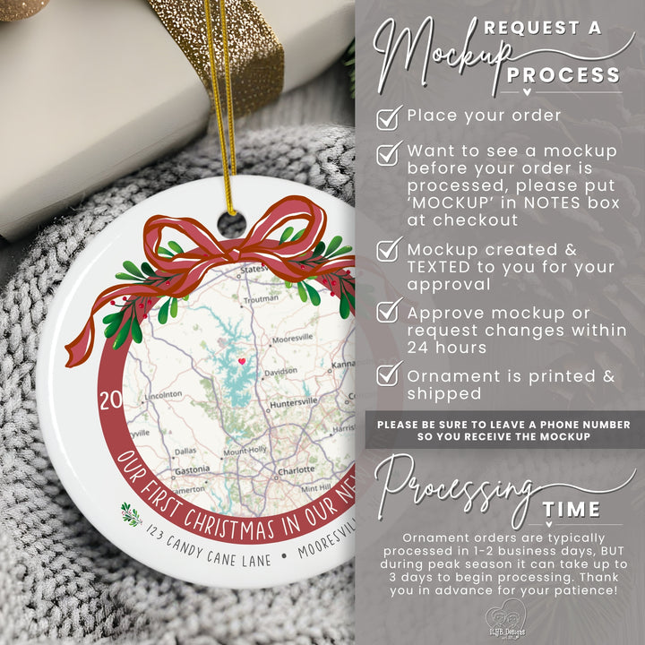 A round Christmas ornament mockup hanging on a knitted gray blanket, with a gold ribbon and a gift box in the background. The ornament features a map design with a red circular border reading &