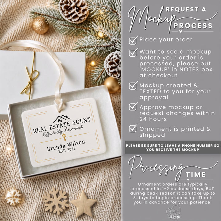 A personalized real estate agent ornament mockup shown in a gift box with a ribbon, alongside a gray informational panel explaining the ordering and processing steps. The ornament is printed with a house icon and the text &