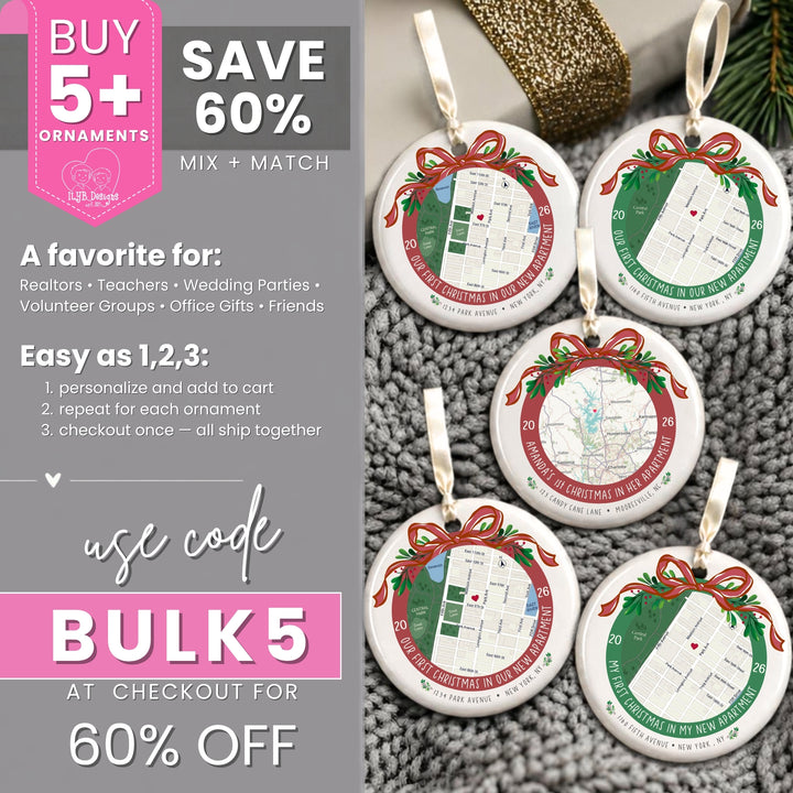 Promotional graphic for personalized round Christmas ornaments showing five sample ornaments with map designs, red bows, and hanging ribbons on a gray textured surface, alongside large sale text and a pink &