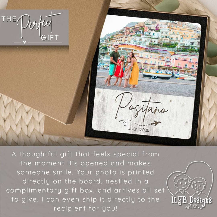 Framed photo of a family in Positano with promotional text about a gift service.