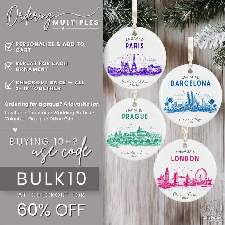 Four round white Christmas ornaments with colorful city skyline designs hang on a rustic wood surface with pine branches. The left side includes promotional text about ordering multiples and a bulk10 discount code.