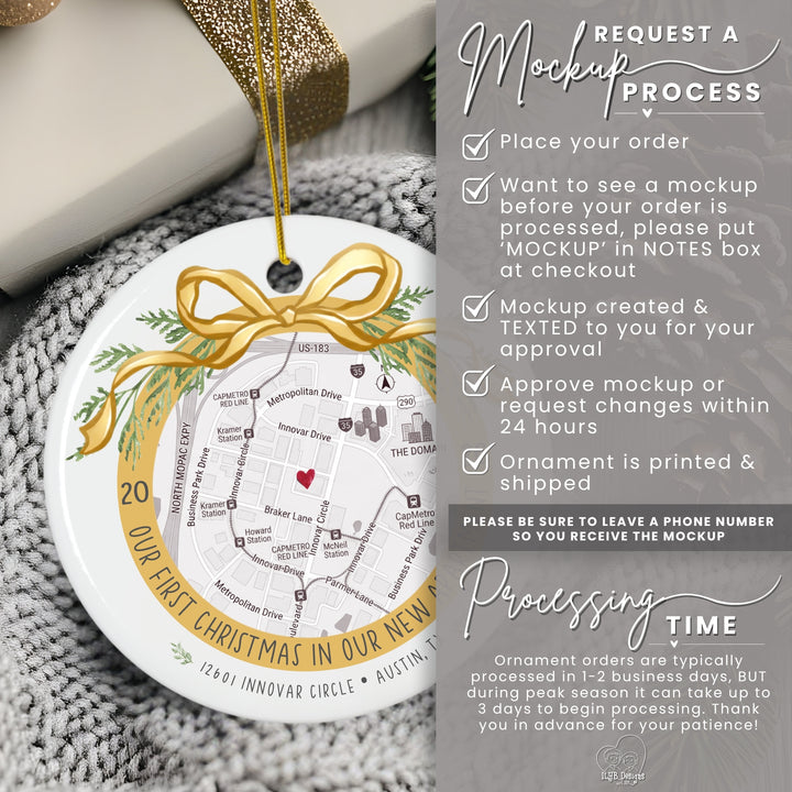 A round Christmas ornament mockup shown on a gray knit blanket beside a wrapped gift box, with a large text panel on the right explaining the mockup ordering and processing time.