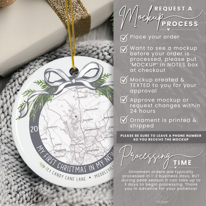 A personalized Christmas ornament mockup shown on a gray knit blanket beside a gift box, with a large text panel on the right explaining the ordering and processing timeline.