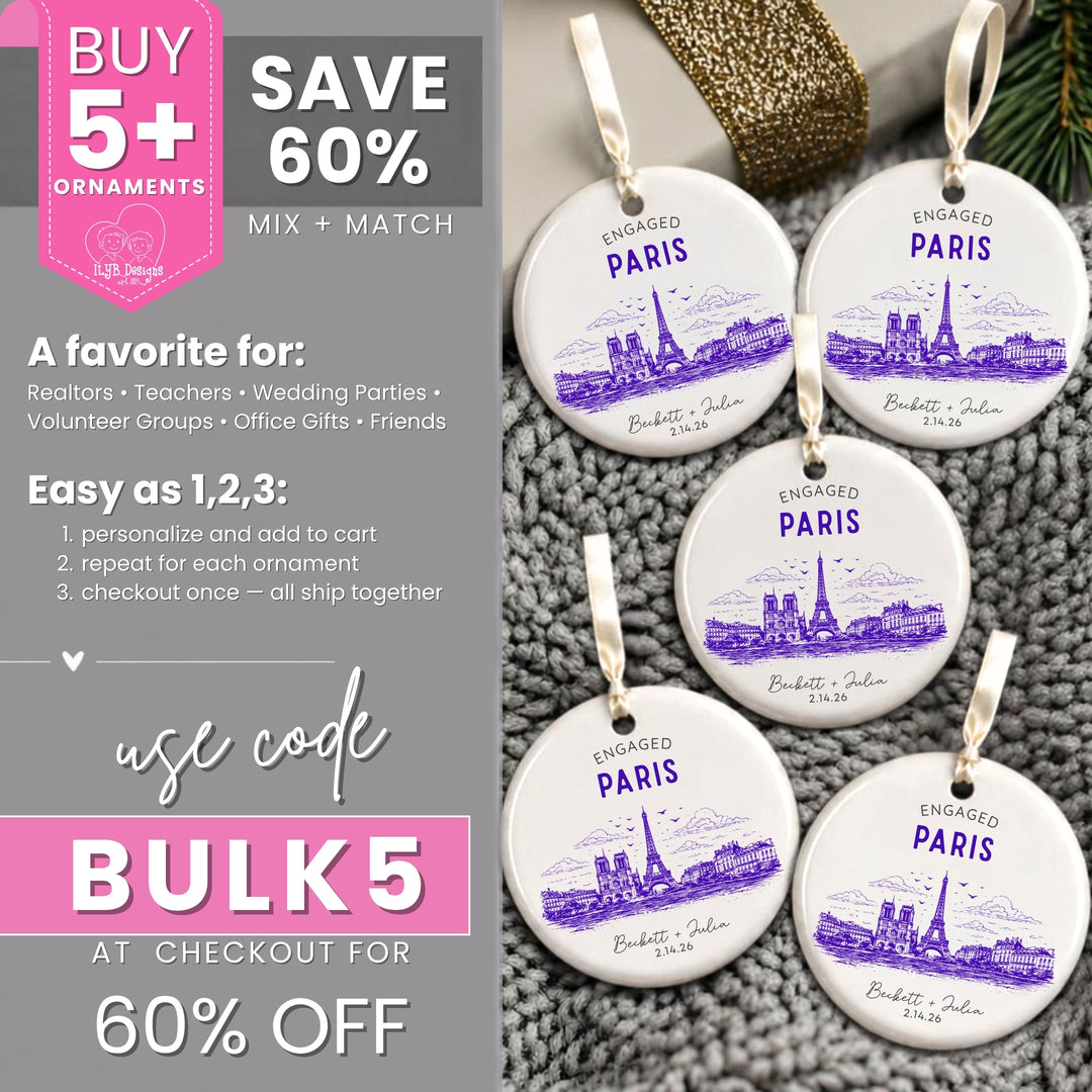 Five ornaments with a purple skyline sketch of Paris with the word &