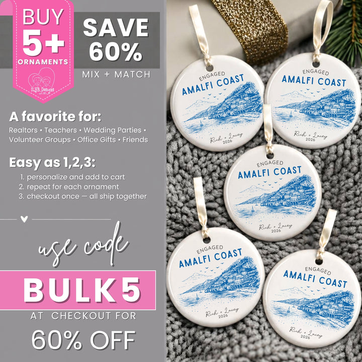 Five personalized Christmas ornament graphics hanging on a rustic wood surface with pine branches, alongside promotional text offering bulk ordering and a 60% discount code when you buy 5 or more.