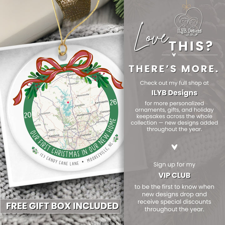 A personalized round Christmas ornament featuring a map of &