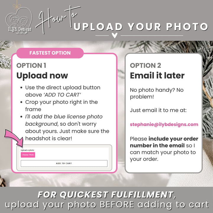 Graphic explaining how to upload your photo. Fastest option is to upload now with the direct upload button above add to cart. If you don&