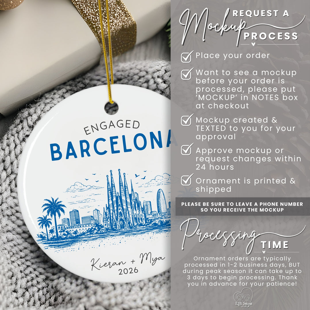 A personalized white Christmas ornament with blue cityscape artwork and the text &