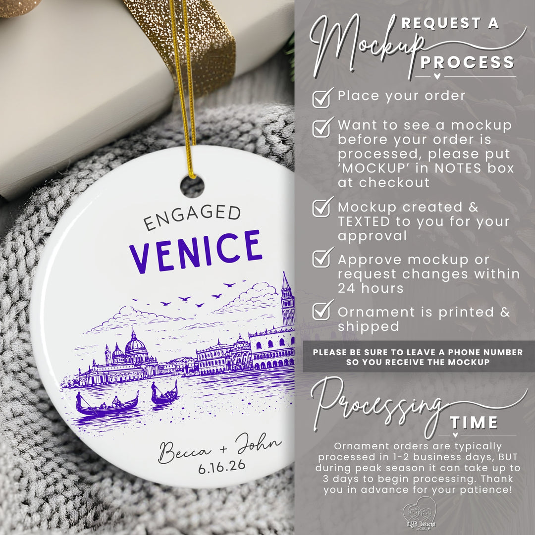 A round white Christmas ornament with a purple Venice illustration and the text &