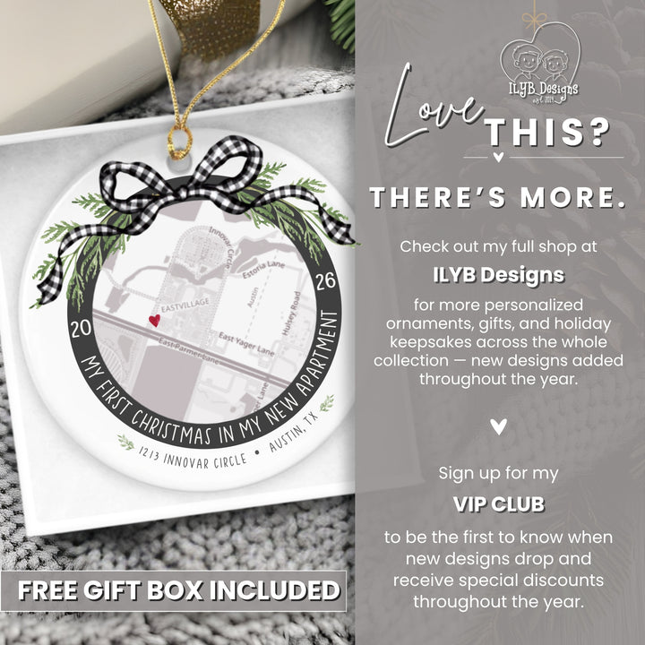 Personalized round Christmas ornament with a black-and-white gingham bow, green pine branches, and custom text reading &