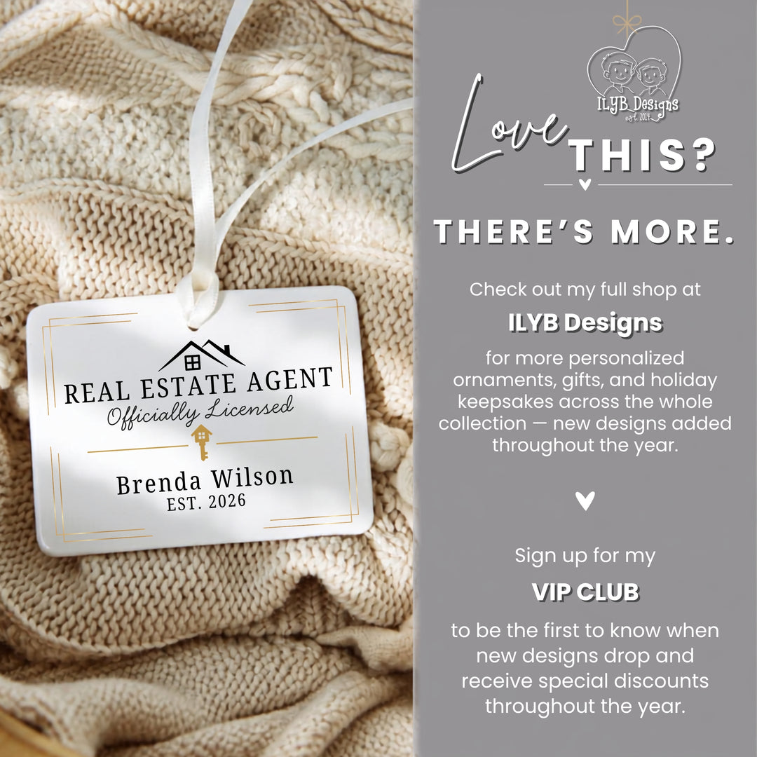 A personalized white rectangular ornament with a white ribbon, printed with &