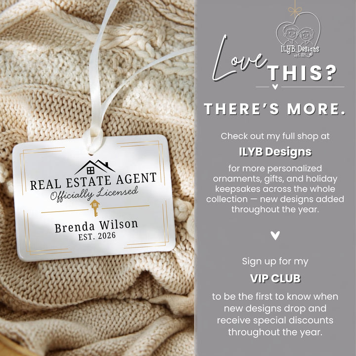 A personalized white rectangular ornament with a white ribbon, printed with &