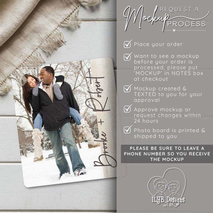 Request a mockup process for a photo board with a couple in the snow and text details.