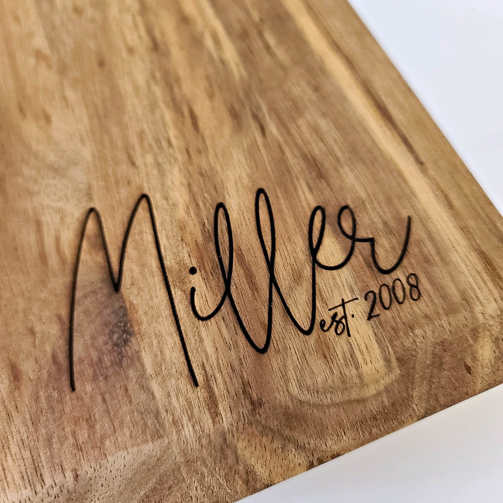 Personalized Engraved Cutting Board with Script Name | Acacia Wood Square Cutting Board - ILYB Designs