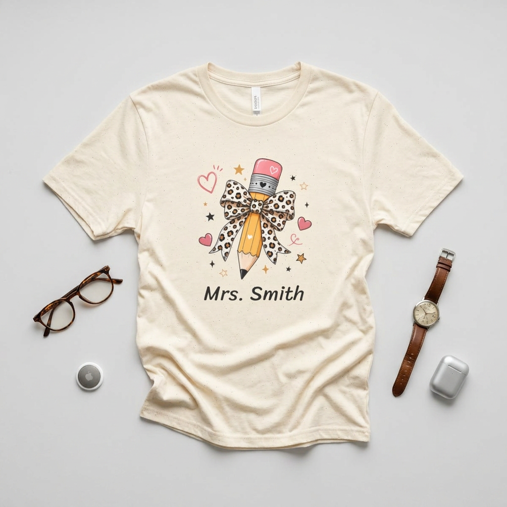 Personalized Leopard Pencil Bow Teacher Shirt | Custom Name Tee