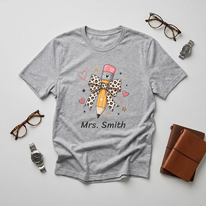 Personalized Leopard Pencil Bow Teacher Shirt | Custom Name Tee