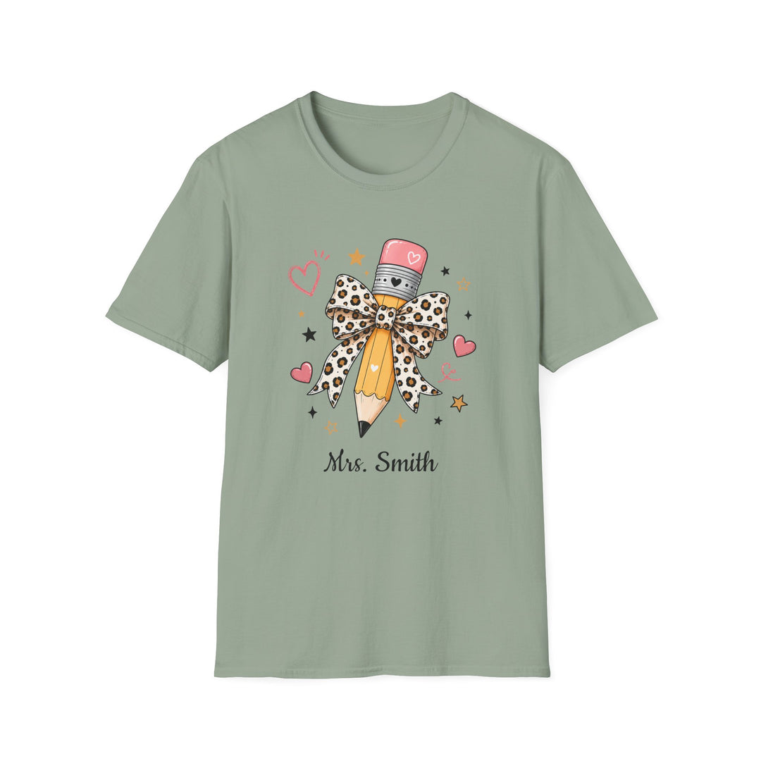 Personalized Leopard Pencil Bow Teacher Shirt | Custom Name Tee