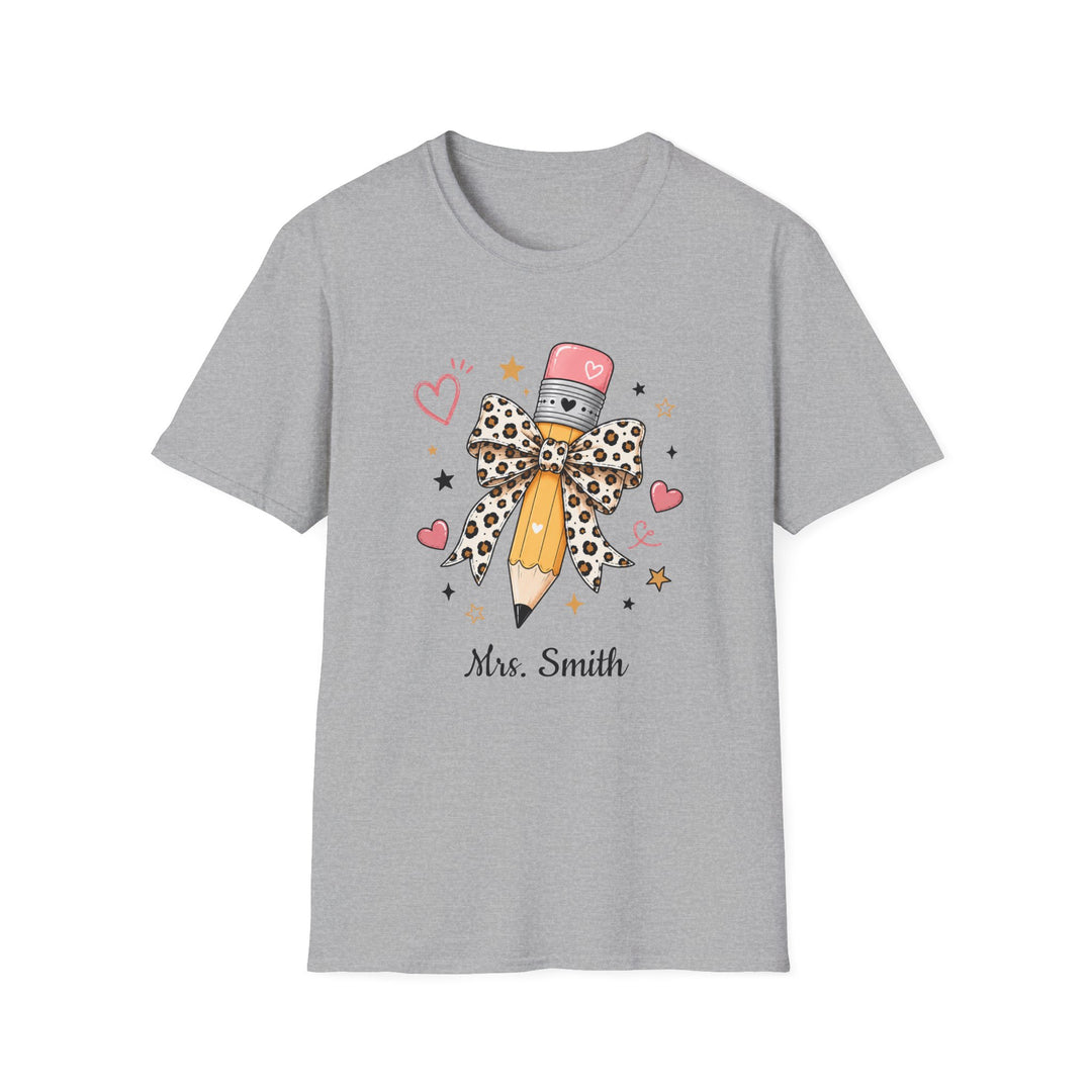 Personalized Leopard Pencil Bow Teacher Shirt | Custom Name Tee