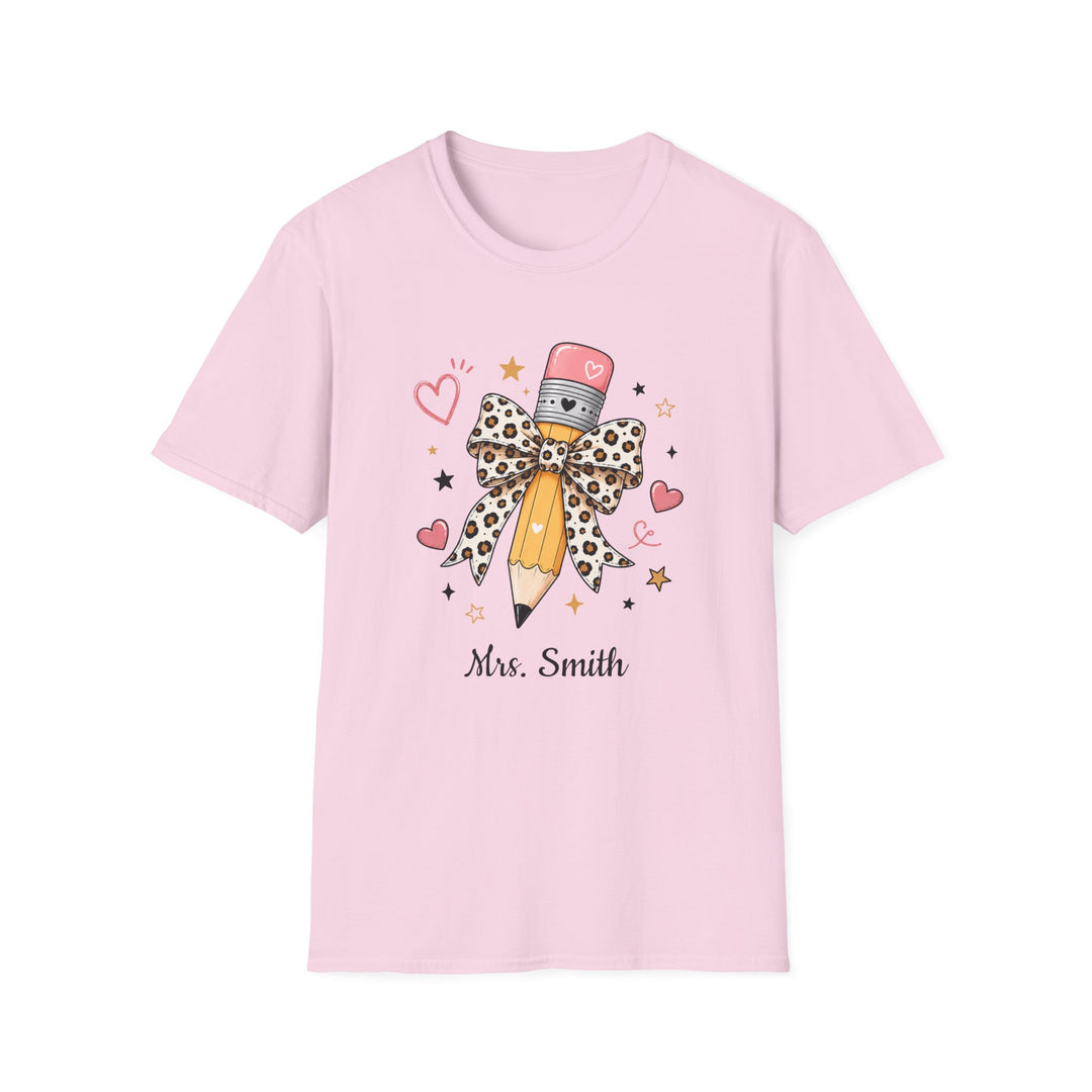 Personalized Leopard Pencil Bow Teacher Shirt | Custom Name Tee