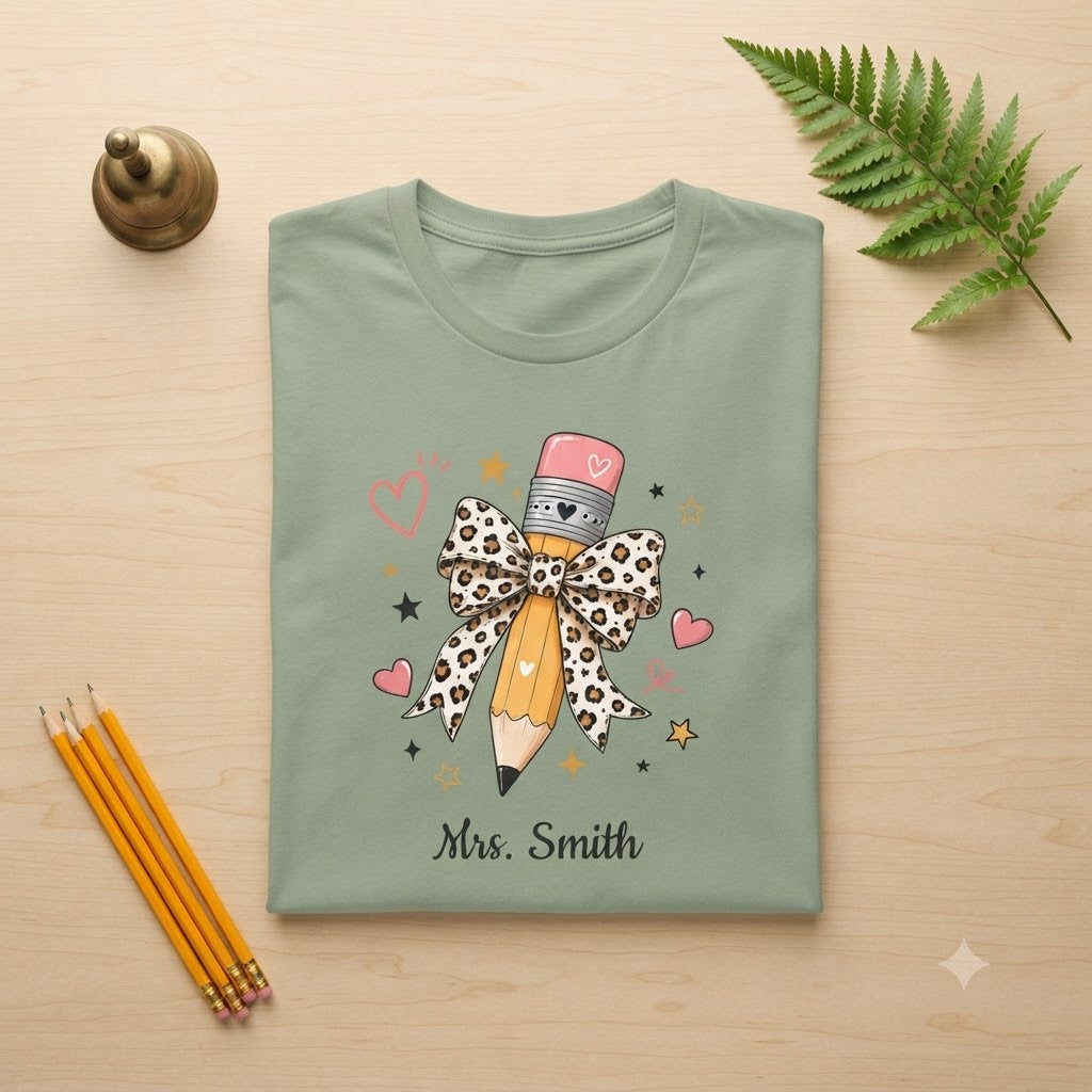 Personalized Leopard Pencil Bow Teacher Shirt | Custom Name Tee