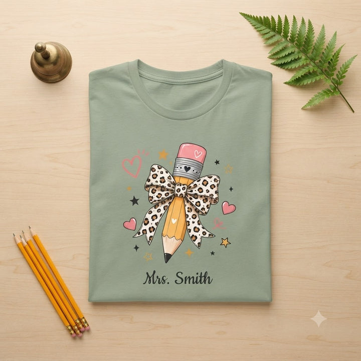 Personalized Leopard Pencil Bow Teacher Shirt | Custom Name Tee