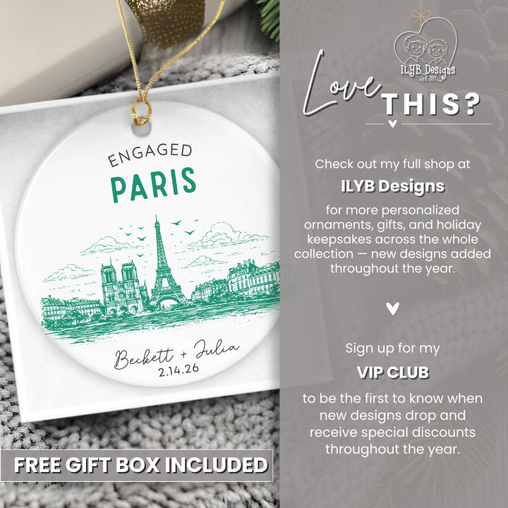 A personalized round ceramic Christmas ornament featuring a green Eiffel Tower and Paris skyline design with the text &