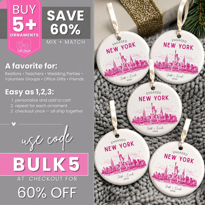 Five personalized round ceramic ornaments with white backgrounds and pink New York City skyline prints are displayed on a gray knit blanket next to promotional text overlays offering a bulk 5+ ornaments discount.