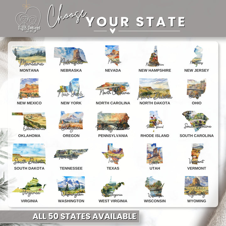 Choose your state graphic showing the last 25 US states in alphabetical order from Montana to Wyoming and their watercolor artwork and state name. Banner at bottom says all 50 states available.
