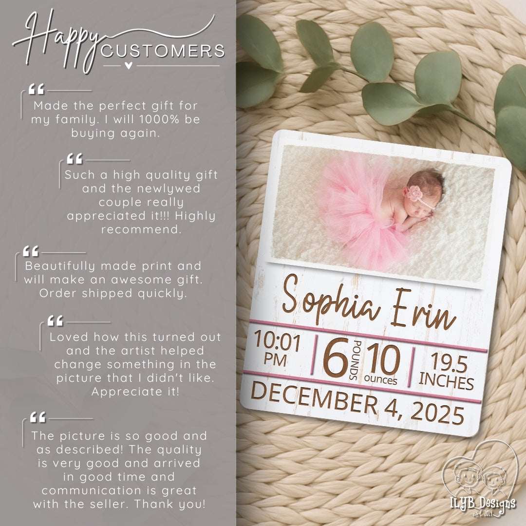 Baby milestone card with baby's photo and details, surrounded by eucalyptus leaves on a textured surface.