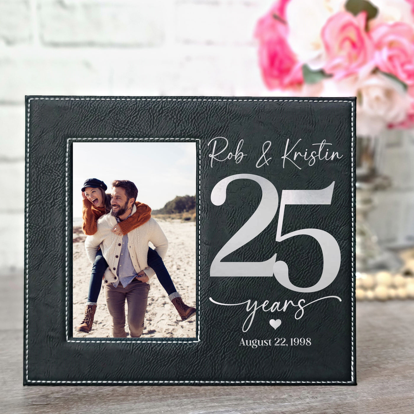 25 Years Black & Silver Leatherette Picture Frame | 25th Wedding Anniversary Gift