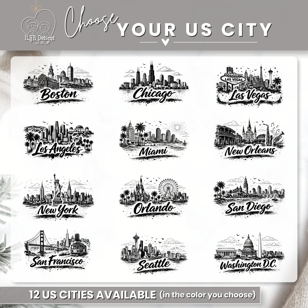 A digital graphic showing the artwork skylines of 12 US cities to choose from, including Boston, Chicago, Las Vegas, Los Angeles, Miami, New Orleans, New York, Orlando, San Diego, San Francisco, Seattle, and Washington DC. 