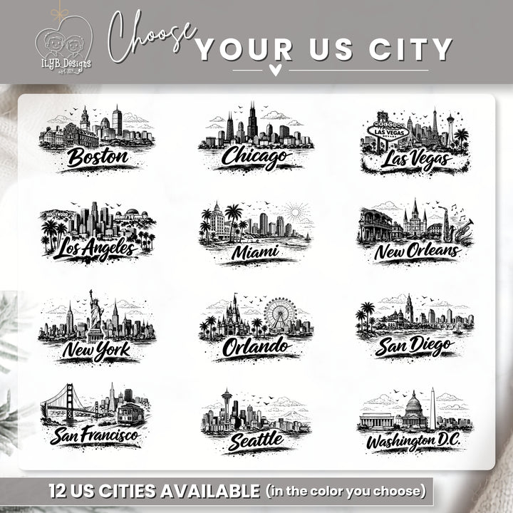 A digital graphic showing the artwork skylines of 12 US cities to choose from, including Boston, Chicago, Las Vegas, Los Angeles, Miami, New Orleans, New York, Orlando, San Diego, San Francisco, Seattle, and Washington DC. 