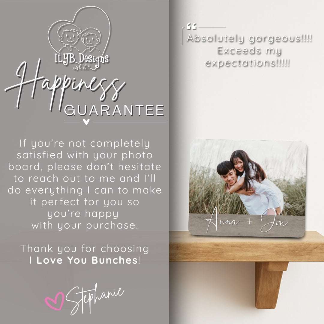 Photo frame on a wooden surface with text about a 'Happiness Guarantee' from ILYB Designs.