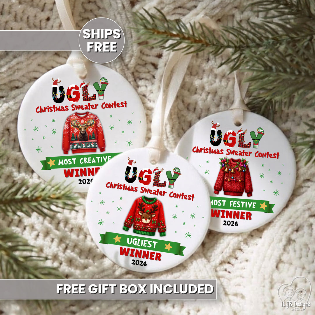 Ugly Christmas Sweater Prize Ornaments - Set of 3 | Custom Winner Trophies for Contests