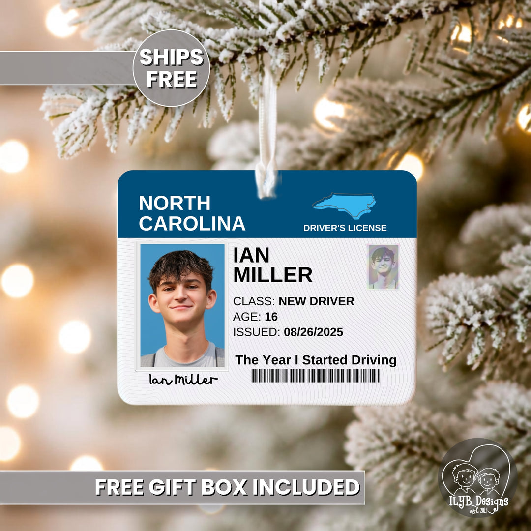 A novelty Christmas ornament shaped like a North Carolina driver&