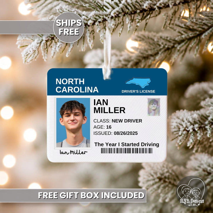 A novelty Christmas ornament shaped like a North Carolina driver&