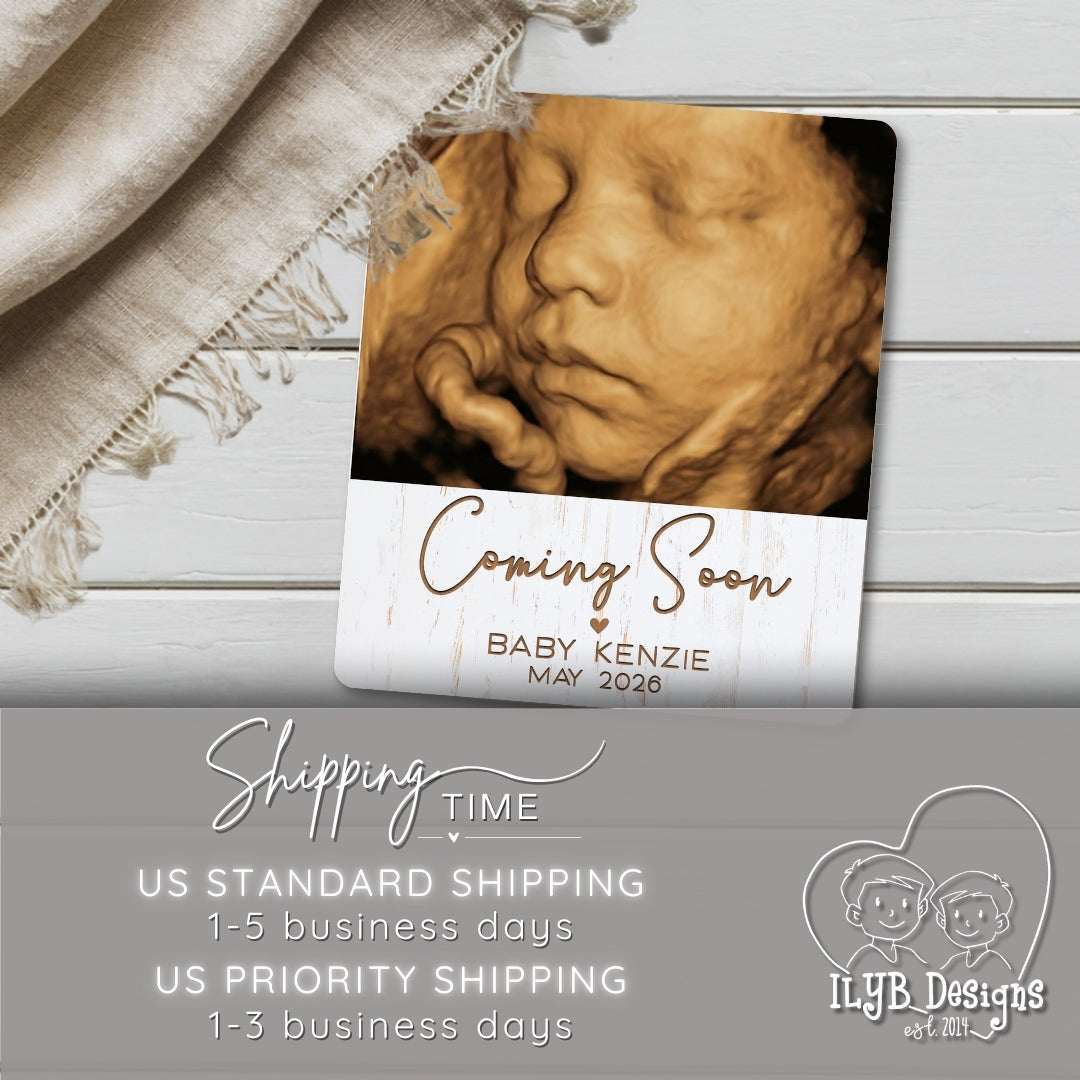 coming soon baby name announcement photo keepsake gift with shipping times listed: US standard shipping 1-5 business days, US Priority shipping 1-3 business days