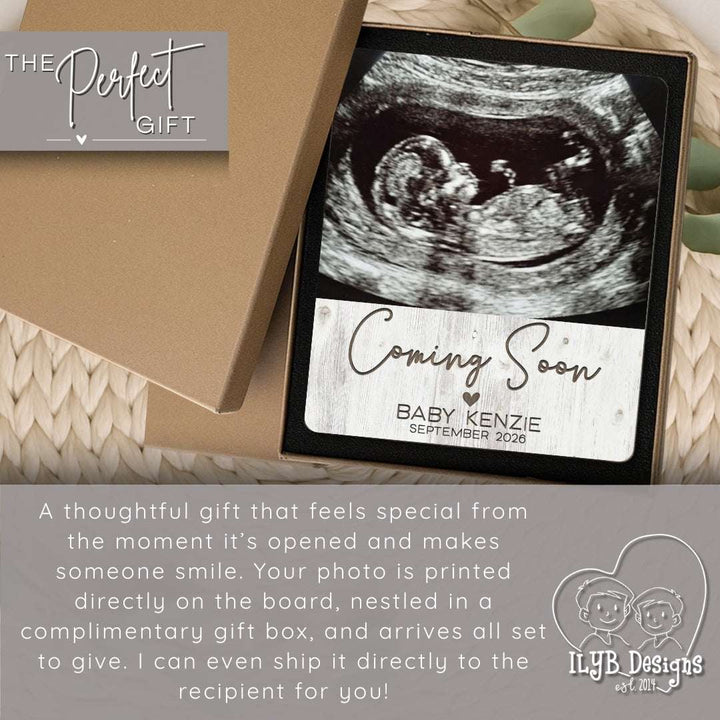 coming soon baby name announcement packaged in gift box and text: A thoughtful gift that feels special from the moment it's opened and makes someone smile. Your photo is printed directly on the board, nestled in a complimentary gift box, and arrives all set to give. It can even ship directly to the recipient for you.