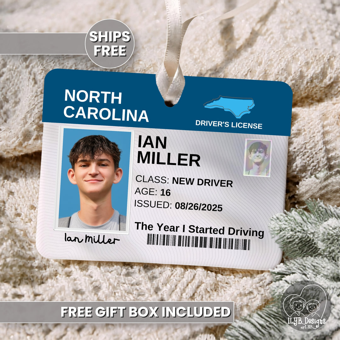 A novelty Christmas ornament shaped like a North Carolina driver&