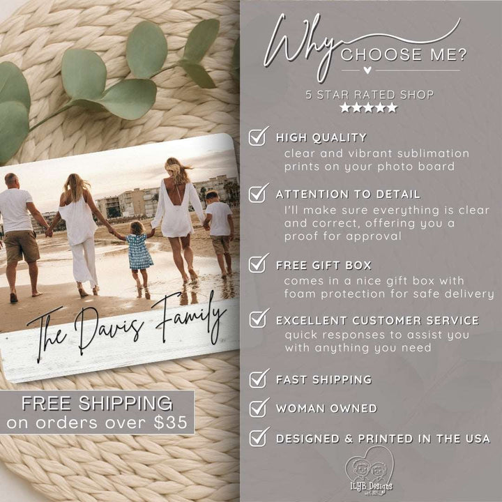 Family photo on a photo board with promotional text about a 5-star rated shop.