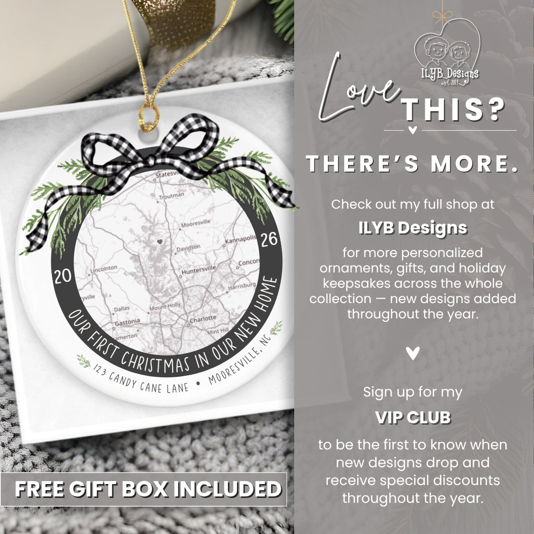 Personalized round Christmas ornament featuring a map with an address and the saying &