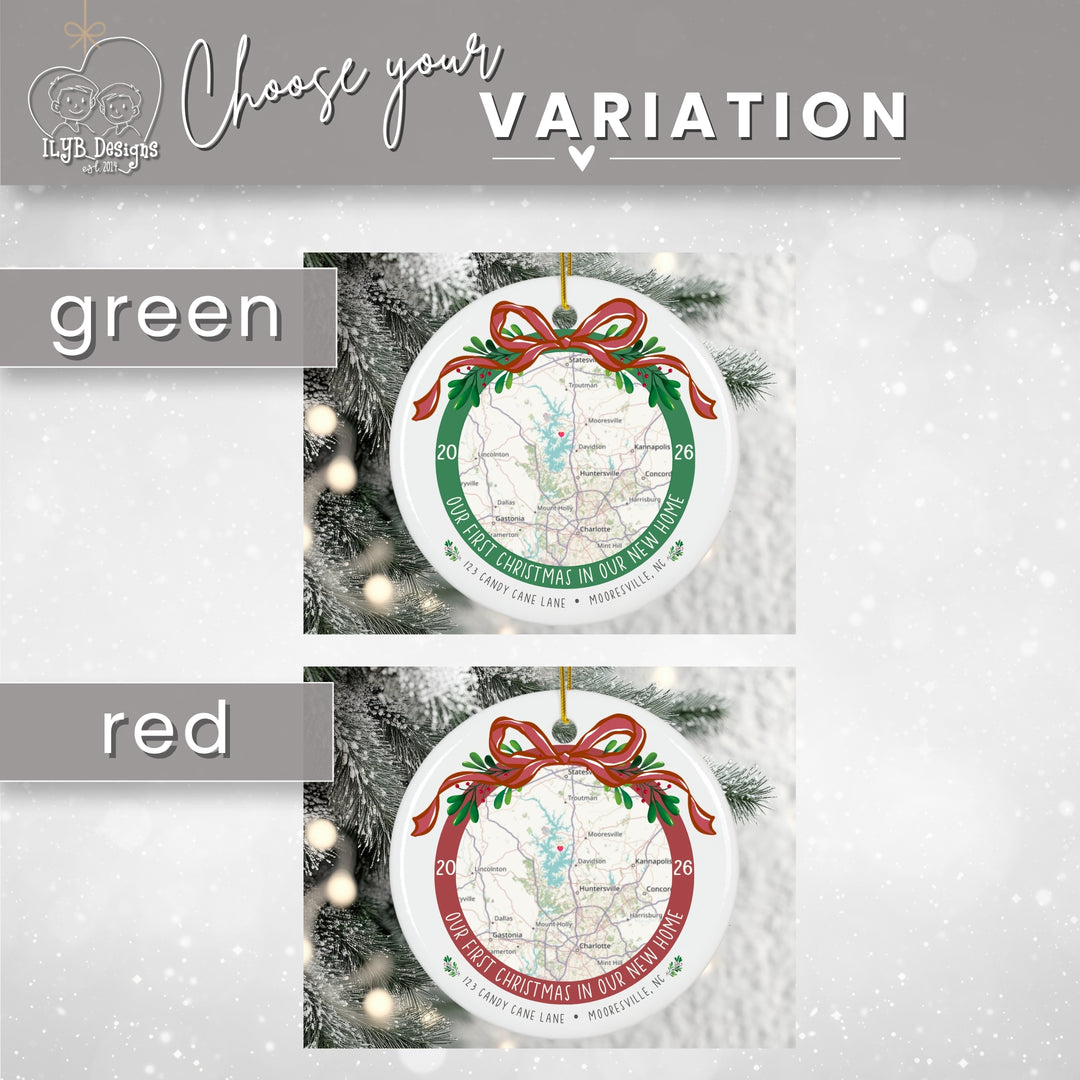 A product variation graphic showing two Christmas ornament designs labeled green and red, each with a circular ornament featuring a map, holiday ribbon, holly, and festive text, displayed against a snowy background with a header reading &