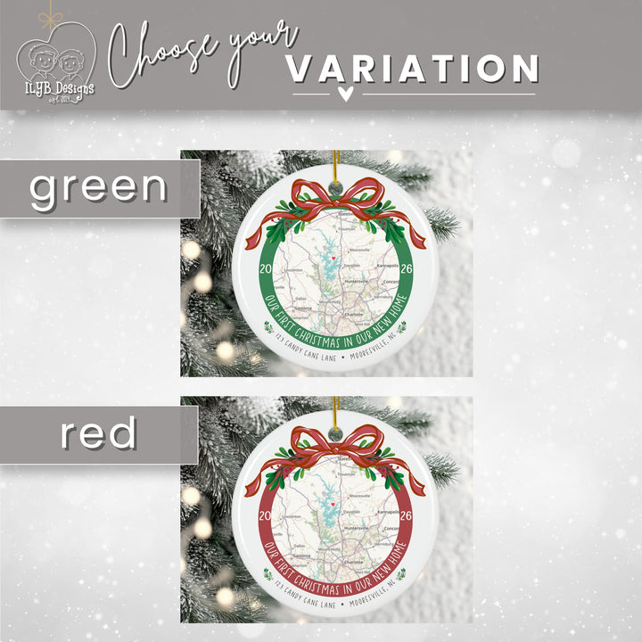 A product variation graphic showing two Christmas ornament designs labeled green and red, each with a circular ornament featuring a map, holiday ribbon, holly, and festive text, displayed against a snowy background with a header reading &