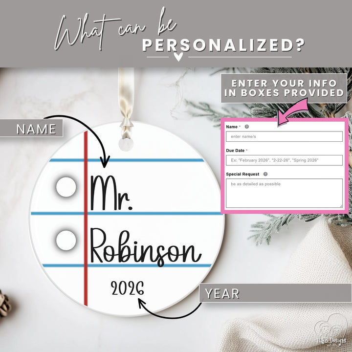 Personalized Teacher Ornament | Notebook Paper Custom Ceramic Christmas Gift
