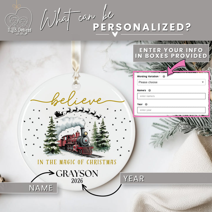 Personalized ceramic train Christmas ornament reading "believe in the magic of Christmas" with a red steam engine, Santa&